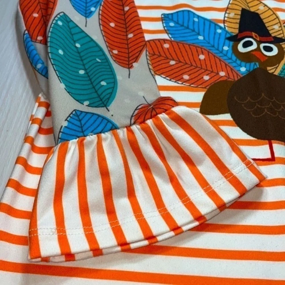 Penelope Plumm Turkey Fall Leaf Thanksgiving Stripe Bell Sleeve Boho Girls Dress